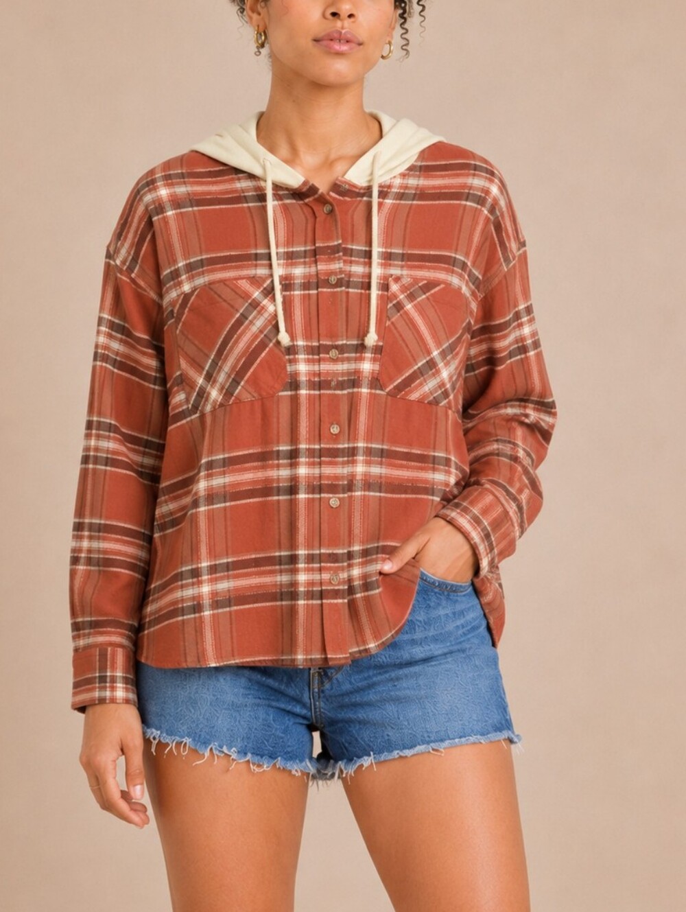 Women's Rust Plaid Hooded Button-Down Shirt